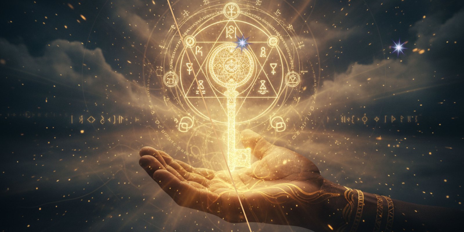 A golden glowing hand holding a key of light